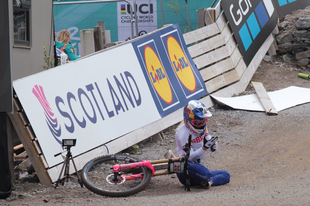 Tahnee Seagrave checks her hand after crashing near the finish line